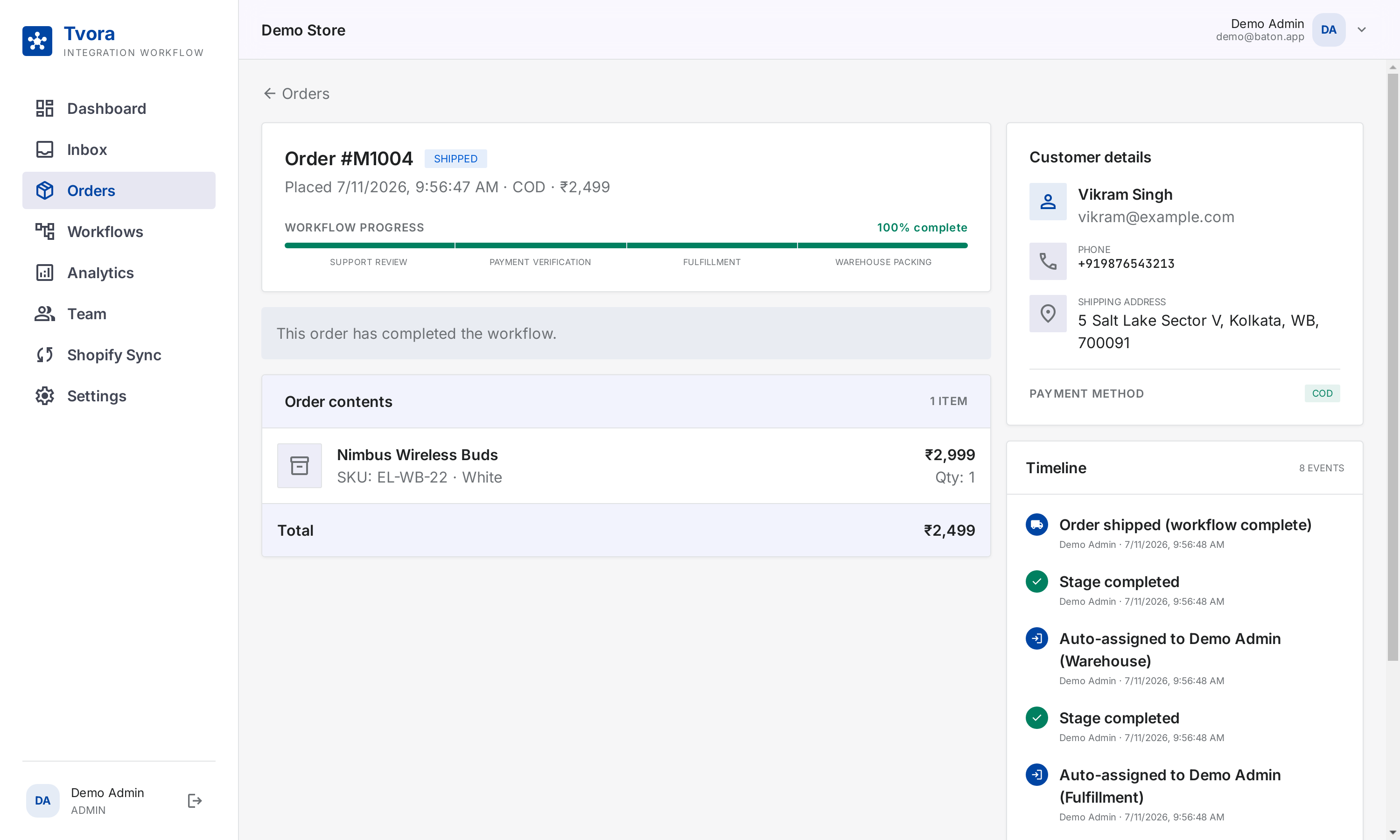The real order detail page: workflow progress bar, order contents, customer details and a complete timeline of stage completions and assignments