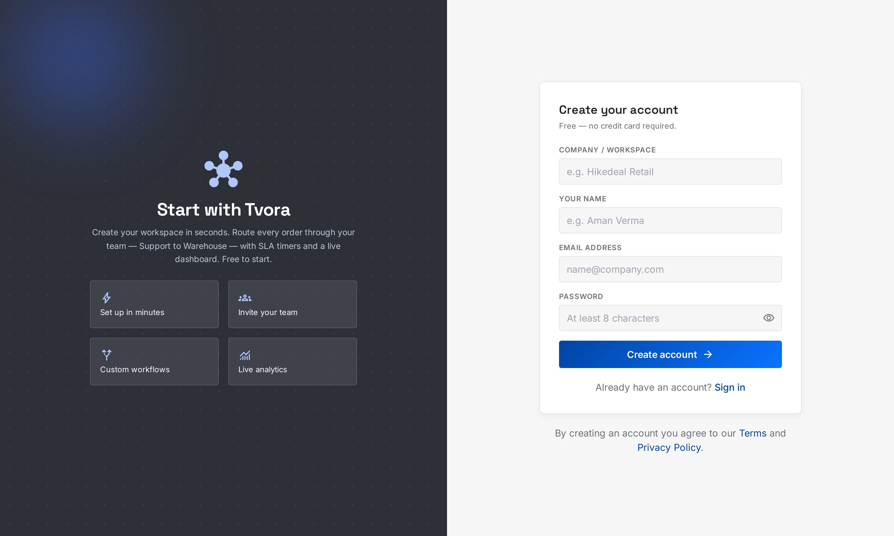 The real Tvora sign-up form asking for company, name, email and password