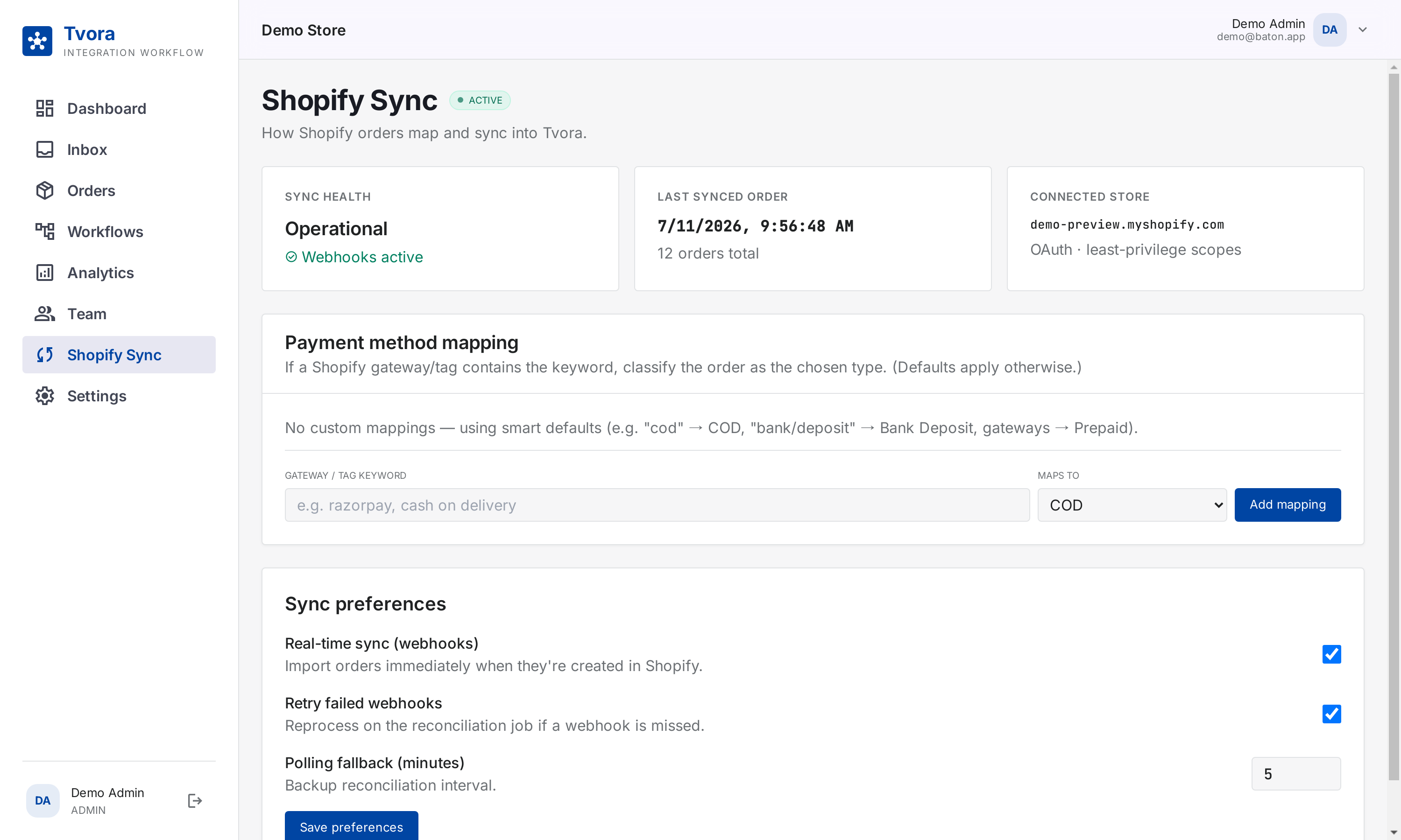 The real Shopify Sync page showing sync health, last synced order, connected store, payment method mapping and sync preferences