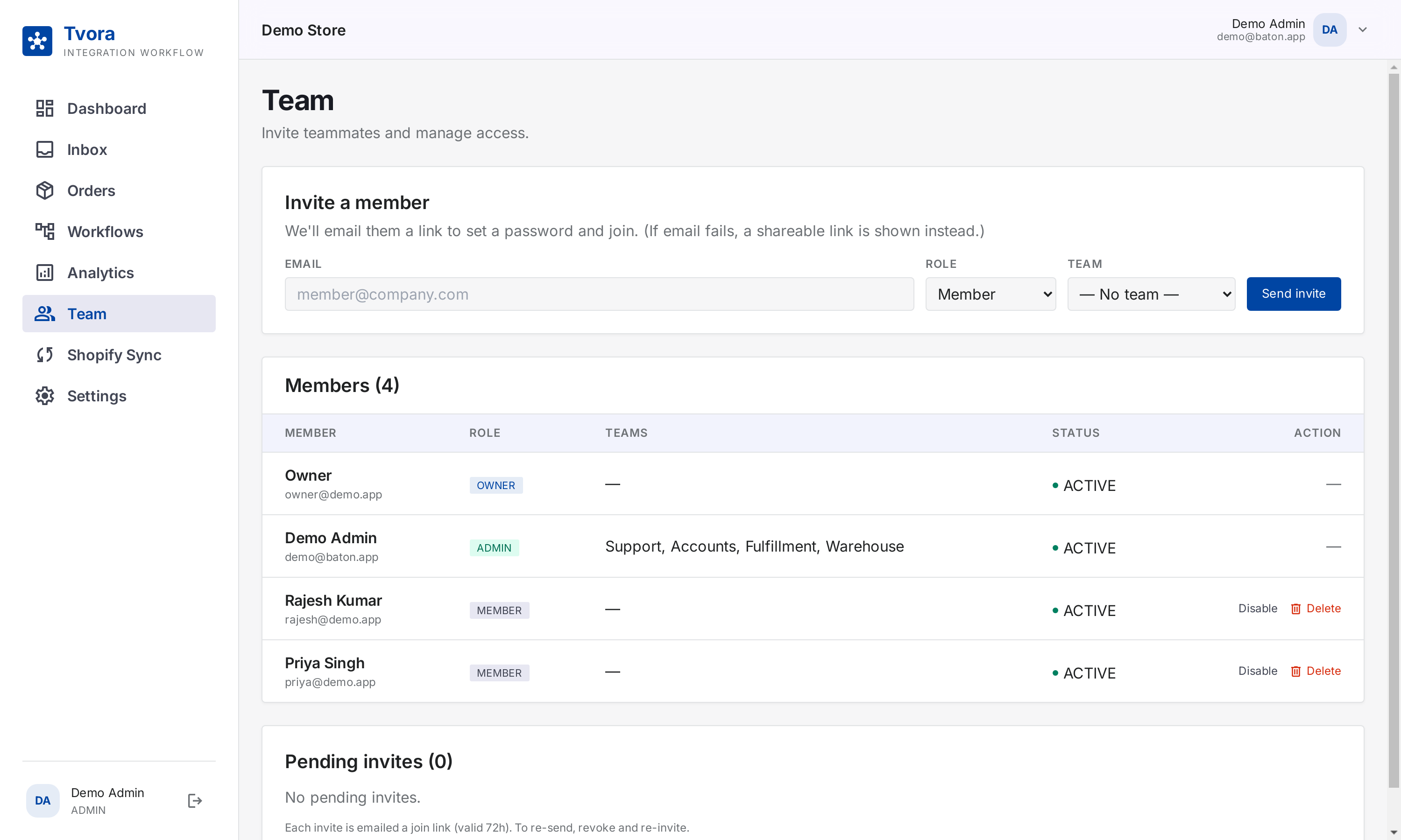 The real Team page with the invite form and a members table showing roles, teams and status